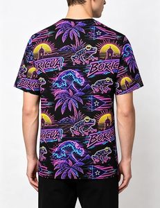 T-shirt néon géométrique à manches courtes et col rond imprimé grenouille, vagues insulaires et palmiers, style streetwear - Product Image 4