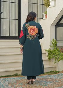 Elegant Turquoise 60x60 Cotton A Line <b>Suit</b> Set with <b>Floral</b> Handwork Kurta Coordinated <b>Trousers</b> and Printed Dupatta for Women - Product Image 4