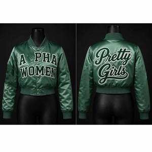 Veste en PU satinée verte avec lettres brodées sur le devant, col rabattu, manches classiques, style preppy, longueur courte, été, unisexe - Product Image 2