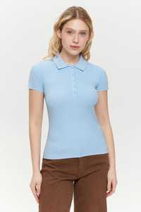 T-shirt à col polo côtelé vert pour femme, manches courtes, coupe ajustée, en coton tricoté, style preppy, pour le printemps et l'été - Product Image 3