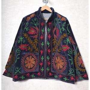 Chaqueta de Terciopelo Bordada a Mano con Estampado Floral, Cuello Mao, Manga Larga, Abrigo de Otoño para Mujer - Product Image 1