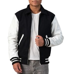 Veste universitaire zippée pour homme en mélange de laine avec manches en cuir, style vintage, veste bomber de baseball, patchwork, broderie, écologique - Product Image 1
