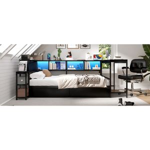 Modern Full-Size <b>Corner</b> Bed Frame with LED Light Charging Station & Bookcase 2 Underbed <b>Storage</b> Drawers Left Side - Product Image 5