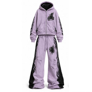 Ensemble de survêtement pour femme, imprimé crâne gothique et moto, violet, sweat-shirt à capuche zippé et pantalon de survêtement à jambes larges, manches longues, coupe ample - Product Image 2