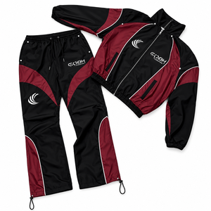 Conjunto Deportivo Unisex en Negro y Rojo con Bloques de Color, Sudadera con Cremallera y Capucha, Manga Larga, Secado Rápido, Ropa Deportiva para Hombre y Mujer para Otoño - Product Image 1