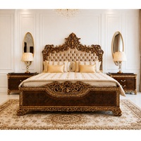 Lit de luxe pleine grandeur en teck avec capitonnage diamanté, finition marron antique, tables de chevet incluses – Meuble de chambre à coucher le plus vendu