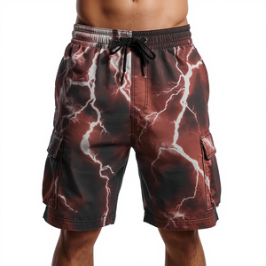 Shorts décontractés pour hommes en coton lavé respirant, à motif flamme abstraite, taille mi-haute avec cordon de serrage, longueur genou, style streetwear - Product Image 2