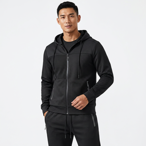 Ensemble de survêtement noir à capuche pour homme, fermeture éclair intégrale, sweat-shirt et pantalon sportifs, couleur unie, polyester respirant, vêtements d'automne - Product Image 4