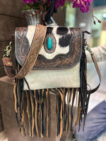 Nouveau Style occidental fabriqué à la main usiné cheveux sur peau fourrure cuir frange sac à bandoulière Style Boho sculpté cuir Turquoise pierre sacs