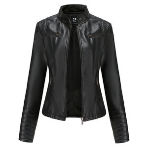 Chaqueta de Moto de Cuero PU Marrón para Mujer, Cuello Alto, Manga Larga, Cierre de Cremallera, Color Sólido, para Otoño - Product Image 6