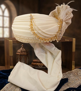 Pañuelo de Seda Blanco para Novio con Adornos de Perlas, Turbante de Boda Pre-Atado al por Mayor para Funciones Tradicionales - Product Image 3