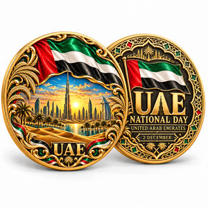 เหรียญที่ระลึก UAE แบบกำหนดเอง พร้อมลายนูน 3 มิติ รูปภาพทิวทัศน์ดูไบ และการพิมพ์ UV สีสันสดใส สำหรับคอลเลกชันขายปลีก - Product Image 1