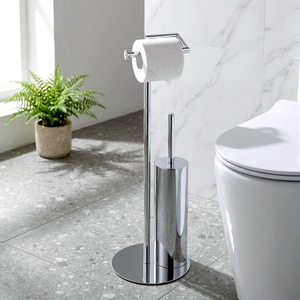 Porte-papier toilette multifonctionnel moderne et écologique en acier inoxydable finition chromée pour hôtel, sur pied - Product Image 1