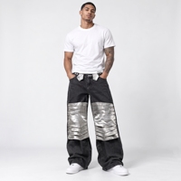 Jean déchiré Y2K pour homme, noir délavé, double ceinture, panneau à rabat argenté métallisé, coupe large, en denim OEM