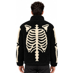 Men's Gothic <b>Fleece</b> <b>Jacket</b> Skeleton Print Zipper Stand Collar <b>Thick</b> Winter Wear Sherpa Lining Punk Style - Product Image 3