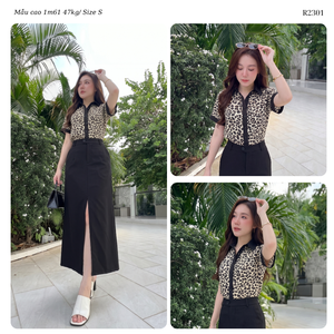 Women’s Leopard Pattern Silk Blouse and <b>Black</b> Khaki Midi <b>Skirt</b> Co Ord Set with Short Sleeves for Elegant Casual Wear OEM ODM Who - Product Image 3