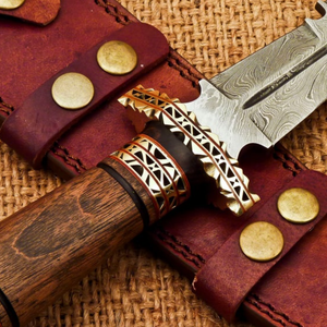 Handmade Damascus <b>Steel</b> Dagger Knife with Brown Wooden Handle Gold Decorative Guard Patterned Fixed Blade and Brown Leather - Product Image 4