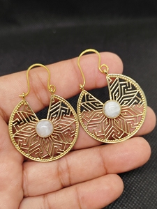 Moonstone Export Brass Gemstone Drop Earrings Bulk Handcrafted Gold Plated Finish Pattern Bezel - Product Image 2