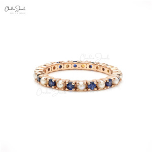 แหวนเพชรพลอยไพลินสีน้ำเงินธรรมชาติ 1.4 กะรัต พร้อมไข่มุกแบบ Eternity Band ตัวเรือนทองคำกุหลาบ 14k แหวนแต่งงานแบบซ้อนได้ ขนาด US -7 ราคาสุดคุ้ม - Product Image 4