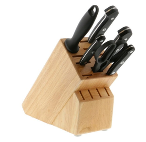 Ensemble de couteaux de cuisine marron clair avec manches rivetés noirs, lames argentées, ciseaux et aiguiseur pour trancher et couper - Product Image 6