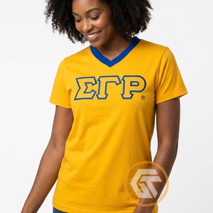Camiseta de Cuello en V para Mujer Sigma Gamma Rho, Amarillo con Ribete Azul, Jersey de Secado Rápido, Casual, Manga Corta, Corte Regular - Product Image 4