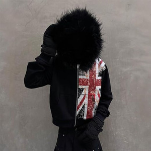 Fur Zip Up Hoodies y2k <b>grunge</b> <b>clothes</b> Vintage Printed Jacket long sleeve Hoodie Fur Collar Fashion Outgoing Unisex - Product Image 2