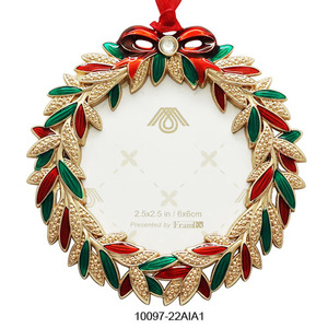 Metal <b>Christmas</b> Wreath Ornament 2.5x2.5 In Red Green Gold Classic Style Indoor Decor Handcrafted Round Design - Product Image 1