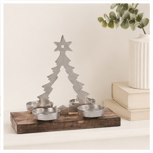 Eco-friendly Aluminium Christmas <b>Tree</b> Candle Holder With Rustic Wooden Base 4-Cup Silver Metal Tea <b>Light</b> Stand For Festive Table - Product Image 4