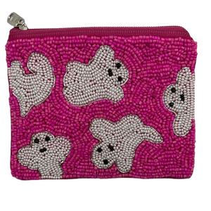 Monedero con cuentas de espíritu, bolsa Rosa espeluznante hecha a mano, monedero con cuentas de semillas de Halloween, color rosa, blanco y rosa, Etsy - Product Image 1