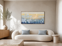 Peinture à l'huile coucher de soleil sur l'océan peinte à la main, fleurs blanches, paysage côtier, toile encadrée, décoration murale pour la maison