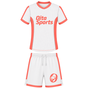 Conjunto de Camiseta y Pantalones Cortos de Rugby Color Naranja Coral y Blanco, Cuello en V, Uniforme de Equipo Personalizado, Ropa Deportiva Transpirable para Entrenamiento - Product Image 1