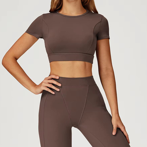 Women Solid Color Fitness <b>Short</b> Sleeve Top Workout <b>Compression</b> Leggings Gym Sports Clothing for Women Tracksuit Yoga Sets - Product Image 4
