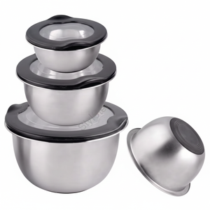 3-Piece Stainless Steel Antiskid <b>Bowl</b> Set <b>with</b> Transparent <b>Lid</b> Metal Material - Product Image 1