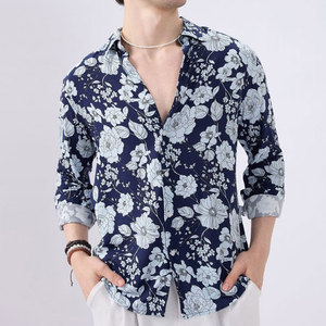 Chemise décontractée à manches longues pour homme, imprimé floral, col rabattu, respirante, 100% coton popeline, pour l'été - Product Image 1