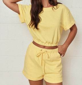 Custom Women's Solid Cozy Two Piece <b>Set</b> Oversized Cropped Elastic Hem T Shirt Drawstring Shorts Loungewear <b>Set</b> Manufacturer - Product Image 4