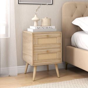 Boho Accent Rattan Nightstand with 2 <b>Storage</b> Drawers <b>Bedside</b> Table - Product Image 2