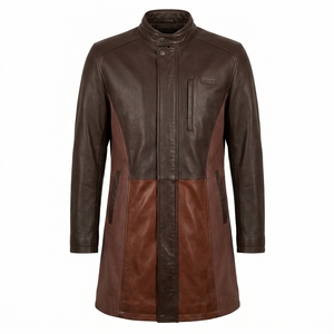 Abrigo Largo de Cuero Genuino Marrón Chocolate para Hombre, con Panel Inferior Personalizado en Tono Óxido, Cierre de Botones a Presión y Cuello Alto - Exportador - Product Image 1