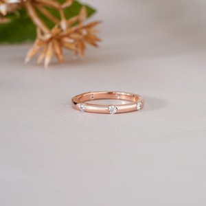 Minimalist Rose Gold Flush Set Moissanite Eternity Band Modern Scattered Round <b>Diamond</b> <b>Simulant</b> Wedding Ring Sleek Gift - Product Image 1