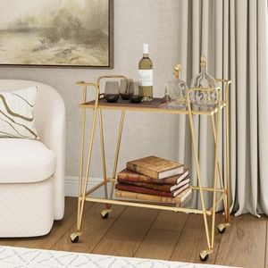 Chariot de service moderne en fer doré avec étagères en verre, chariot roulant pour la maison, la cuisine, la salle à manger, rangement et organisation - Product Image 4