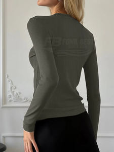 Camiseta de manga larga con cuello redondo para mujer, nuevo estilo, color liso, tejido de punto de poliéster/algodón, transpirable, de secado rápido - Product Image 6