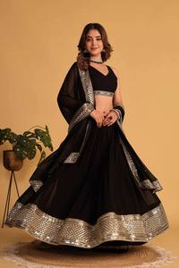 Black Embroidered Lehenga Choli Set With Dupatta Traditional Indian Pakistani Women Wedding Outfit Floor-Length Polyester <b>Dress</b> - Product Image 3