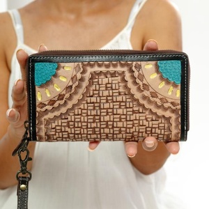Newest Hand Tooled Leather Sunflower Western <b>Wallet</b> Genuine Leather Clutch Custom Cowhide Credit Card & Phone <b>Wallet</b> For Women's - Product Image 1