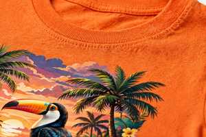 Camiseta Personalizada para Mujer con Estampado Tropical de Tucán, Palmera Naranja y Atardecer Floral, Camiseta de Algodón OEM, Estilo Vacaciones en la Playa, Top de Verano - Product Image 4