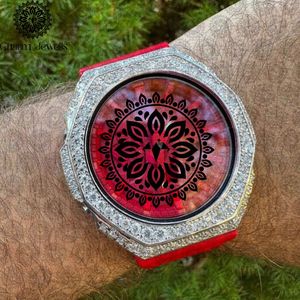 Charm_Jewells Luxury Stainless Steel Watch 40mm Case <b>Red</b> Silicone Band Analog Mechanical Men's Fashion Diamond Accents 10 Bar - Product Image 1