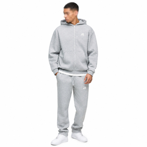 Survêtement à capuche deux pièces gris pour homme, coupe droite, avec fermeture éclair intégrale, vêtements de sport décontractés pour l'hiver, personnalisable avec logo, directement de l'usine OEM - Product Image 1