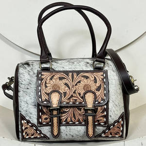 Bolso de mano estilo Speedy de cuero repujado a mano de piel de vaca occidental para mujer, bandolera de cuero con pelo, bolsos de lona medianos - Product Image 4