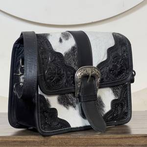 New Arrival High Quality Hair on Cowhide Tooled Leather Handbags Unique Floral Buckle Design Crossbody <b>Women</b> <b>Messenger</b> <b>Bags</b> - Product Image 4