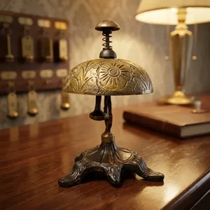 <b>Brass</b> Desk <b>Bell</b> with Sculpted Floral Motifs Antique Inspired Tabletop Chime Traditional Home Office Restaurant Cafe Decor - Product Image 4