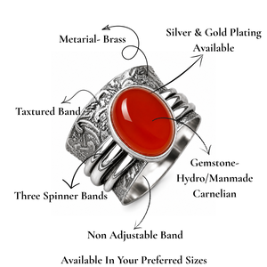 Hydro Carnelian <b>Ring</b> Handmade Vintage <b>Silver</b> Plated Brass <b>Statement</b> Boho Red Gemstone TownIN Rajasthan Spinner Lightweight - Product Image 2