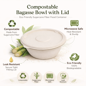 Tazón de Bagazo Compostable con Tapa |   Contenedor de Alimentos Ecológico de Fibra de Caña de Azúcar |   Recipiente apto para microondas, resistente a fugas, para alimentos fríos y calientes - Product Image 6